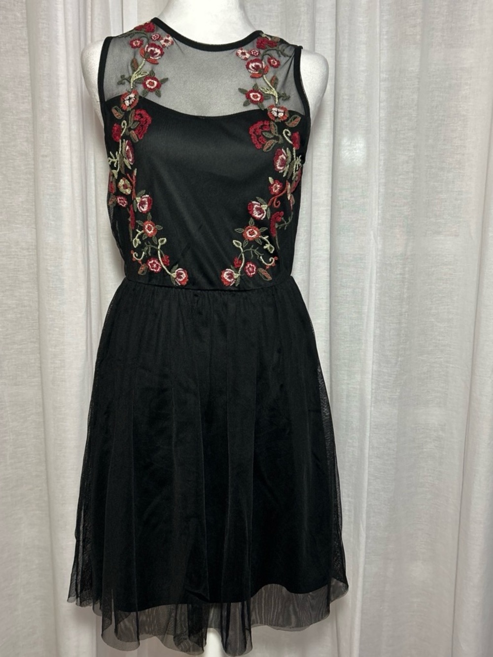 Xhilaration Black Midi Dress with Red Rose Embroidery